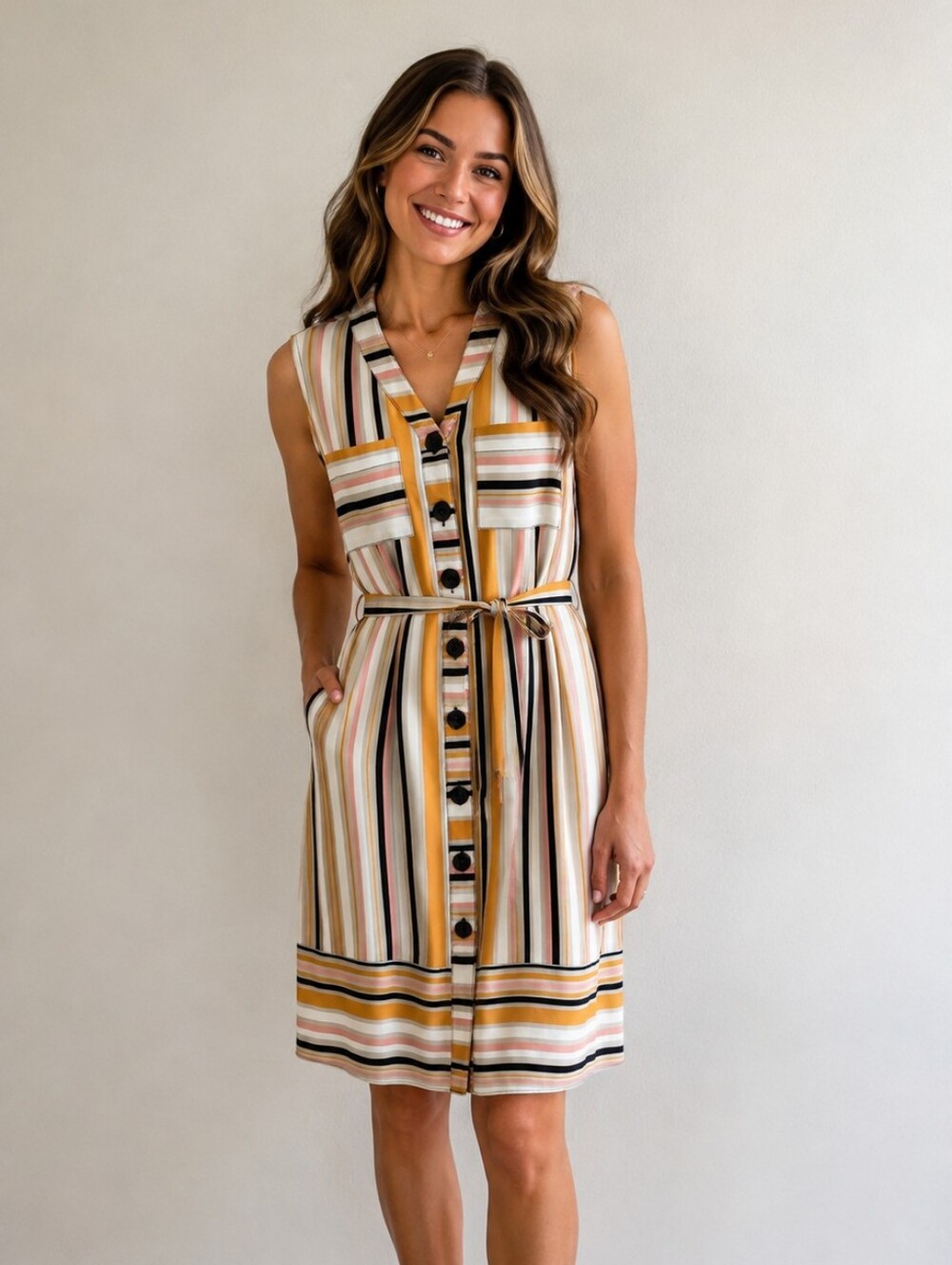 Joseph Ribkoff Striped Sleeveless Button-Front Dress in Yellow, Black, Cream